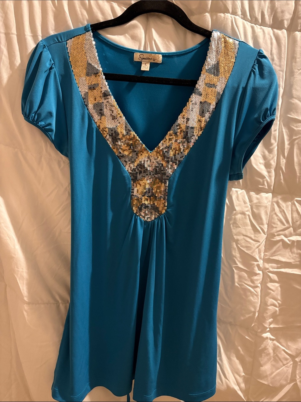 Speechless Teal Tunic with Gold & Silver Sequin V-Neck